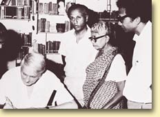 Professor Joseph Needham F.R.S. in MW's library, prior to delivery of the inaugural, Martin Wickramasinghe lecture.